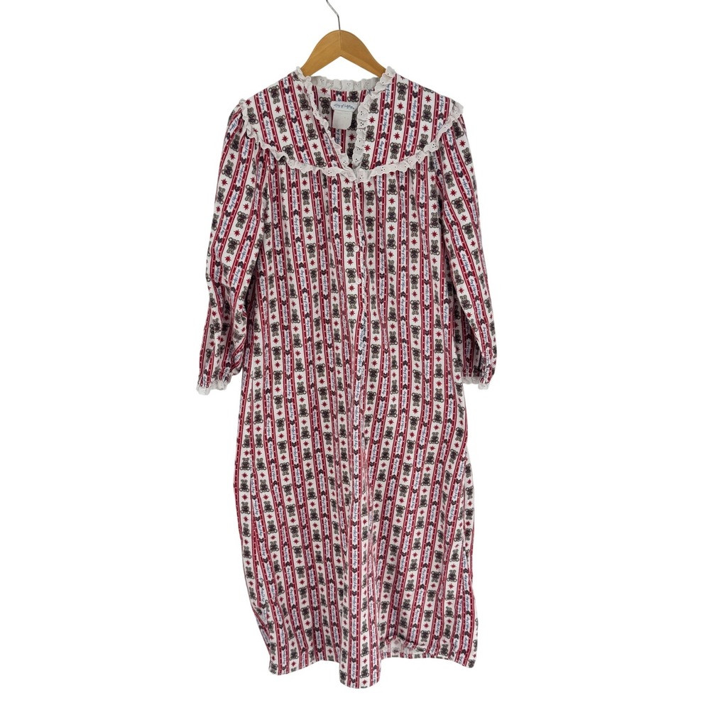 Lanz of Salzburg Vintage Nightgown Women Large Good Teddy Bear Stripe Flannel